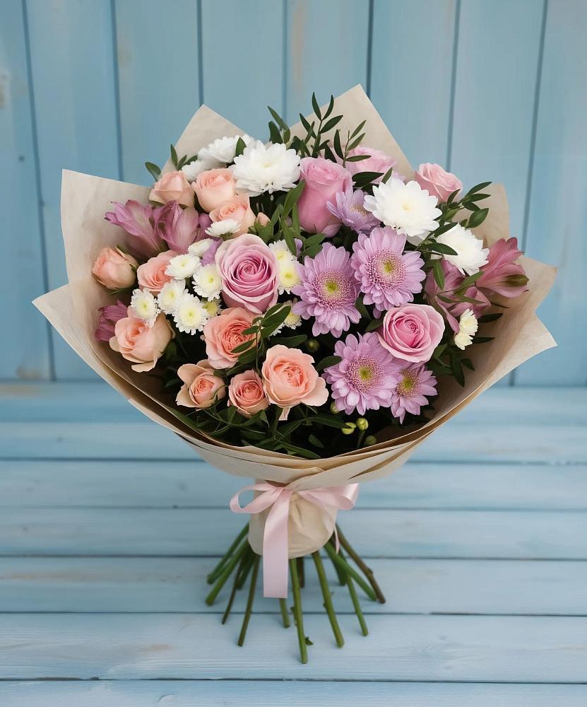 Букет цветов из: Хризантемы, Розы и Альстромерии в Дивном