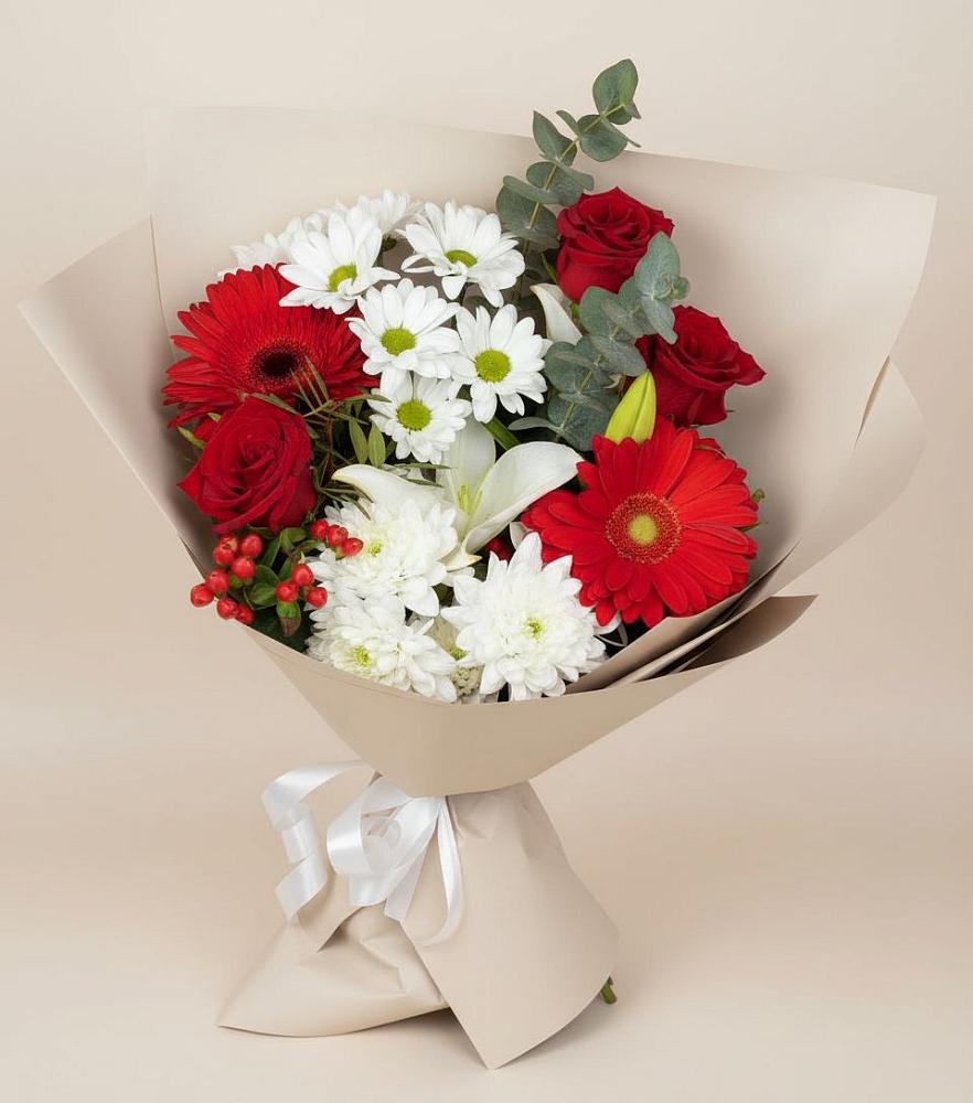 Букет цветов из: Розы, Хризантемы, Герберы и Лилии в Дивном