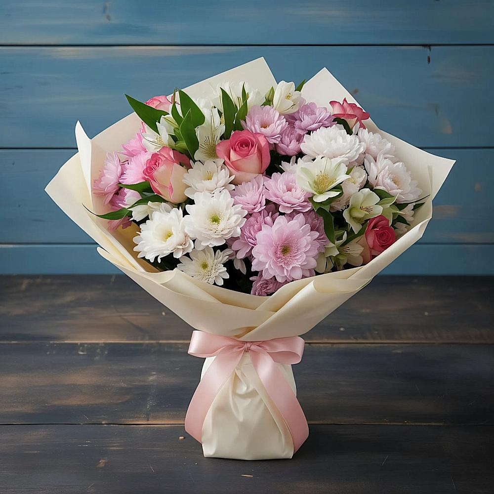 Букет цветов из: Хризантемы, Альстромерии и Розы в Дивном